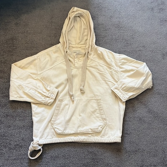 American Eagle Oversized Denim Pullover Hoodie Beige Drawstring Size S - Picture 5 of 10